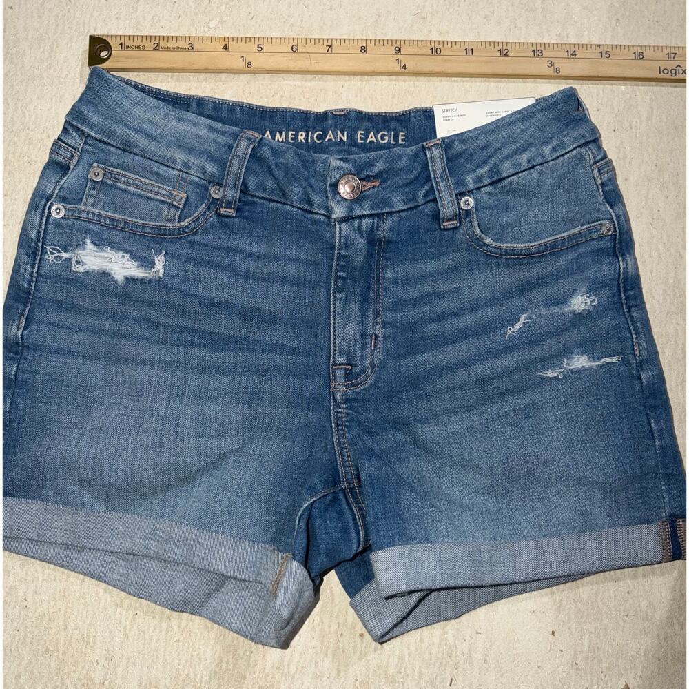 American Eagle women’s new stretch curvy v-rise midi blue jeans shorts - Picture 9 of 16